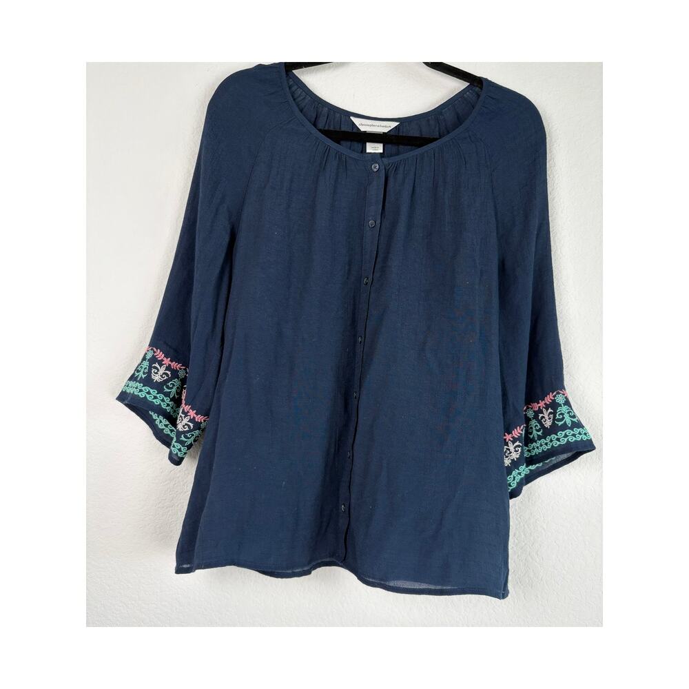 Christopher & Banks Womens Blouse Top Sz LG Dark Blue Boho Lagenlook Cottagecore
